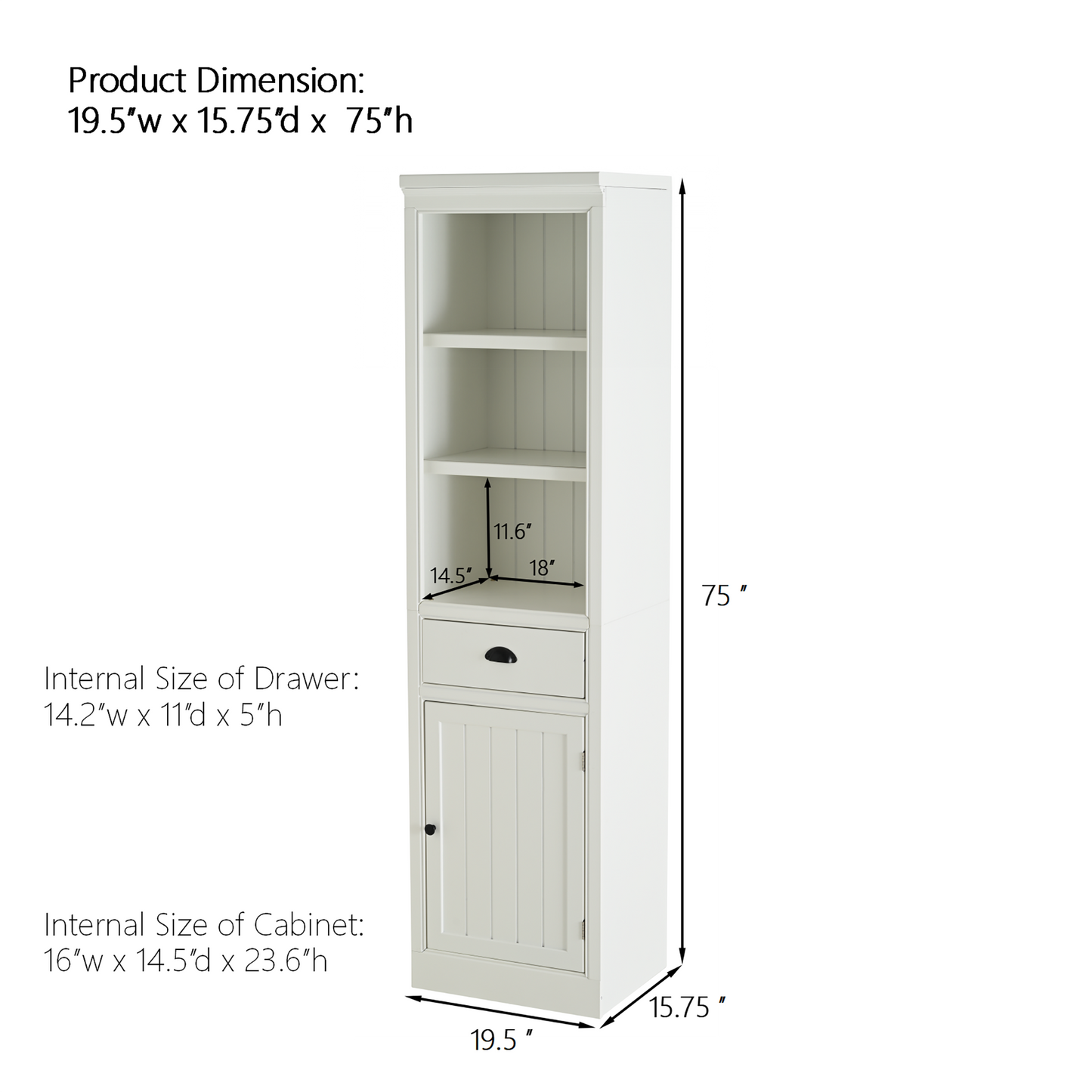 75  Freestanding Display Bookshelf, Farmhouse Bookcase With Storage & Cabinet, Small Size Wooden Organizer Pantry, For Hallways Living Room, Kitchen, Home, Office - White
