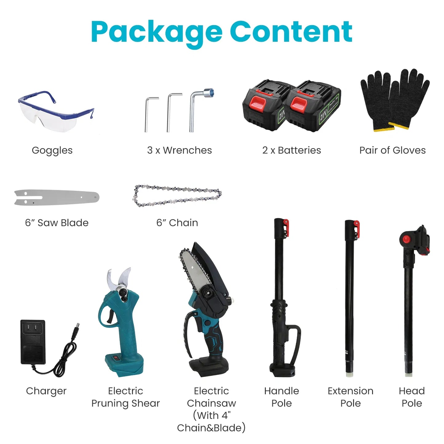 4 In 1 Cordless Pruning Shear And Electric Chainsaw With Max 5.5FT Extension Poles Pole Saw SK5 Blade Brushless Pruning Shear With 2Pcs 3.0Ah Batteries For Garden Yard GPCT5130 10Cell