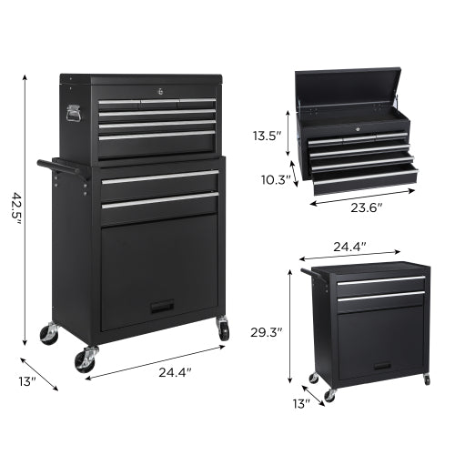 Tool Chest, 8-Drawer Rolling Tool Storage Cabinet With 2 In 1 Detachable Top Tool Box, Liner, Lockable Wheels, Side Hooks, Locking Mechanism, Metal Tool Cart For Garage