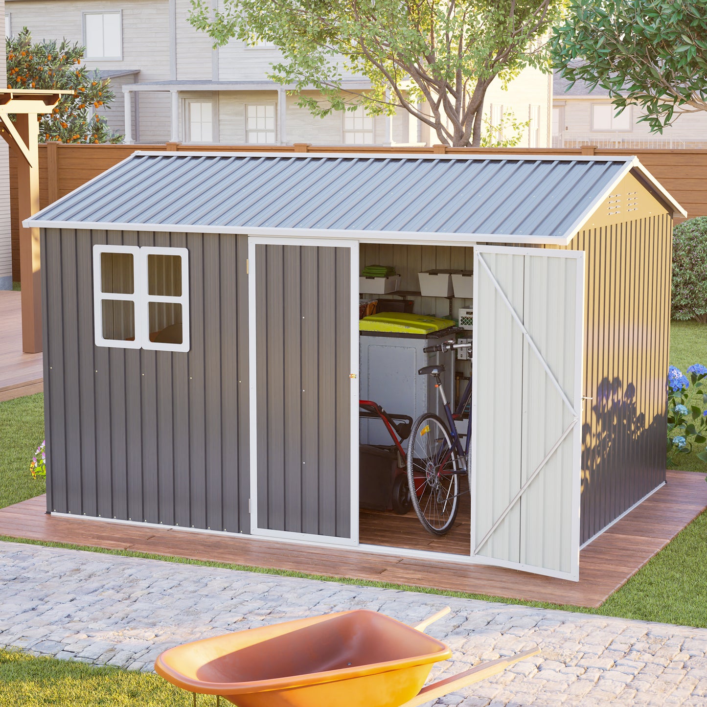 10'x8' Oversized Steel Storage Shed With Window, Lockable Doors & Sloped Roof, Heavy Duty Outdoor Tool Shed For Garden, Patio, Backyard, Lawn - Dark Gray