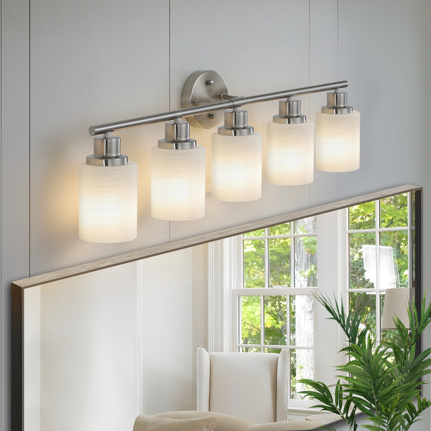 31 Modern 5-Light Vanity Wall Sconce, Brushed Nickel Finish With Frosted Glass Shades For Bathroom Or Hallway Lighting  No Bulbs