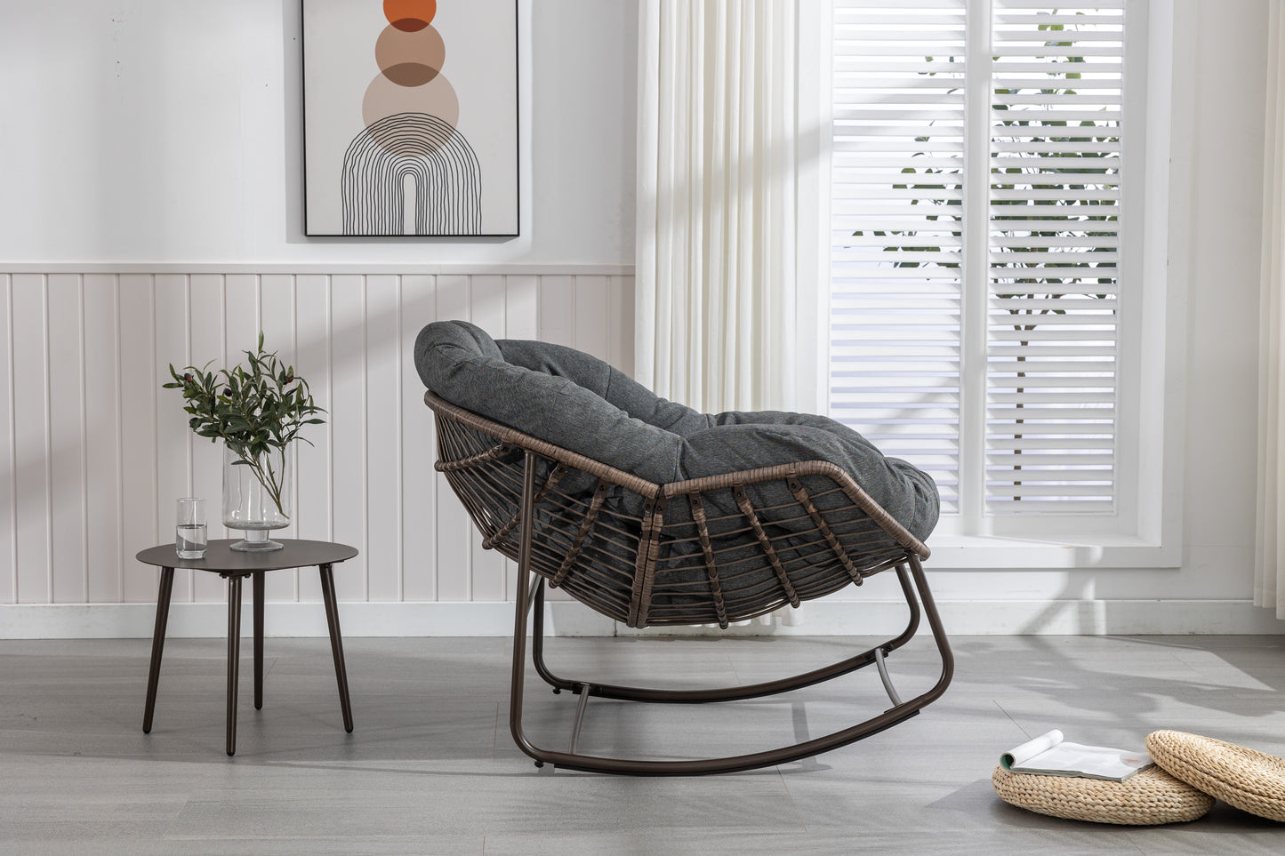 Outdoor Rattan Rocking Chair,Padded Cushion Rocker Recliner Chair Outdoor For Front Porch, Living Room, Patio, Garden, Grey
