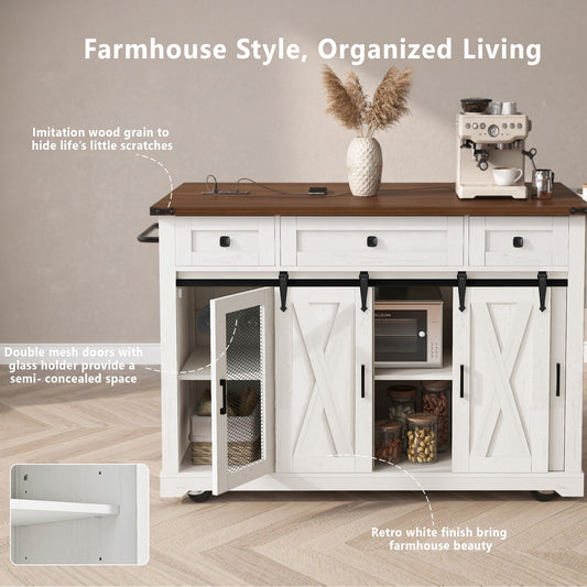 K&K 58 Farmhouse Kitchen Island With Storage,Sliding Barn Door & Metal Grid Side Door,Rolling Kitchen Island On 5 Wheels With Spice Rack,Glass Holders,Island Table With Drop Leaf For Kitchen,White