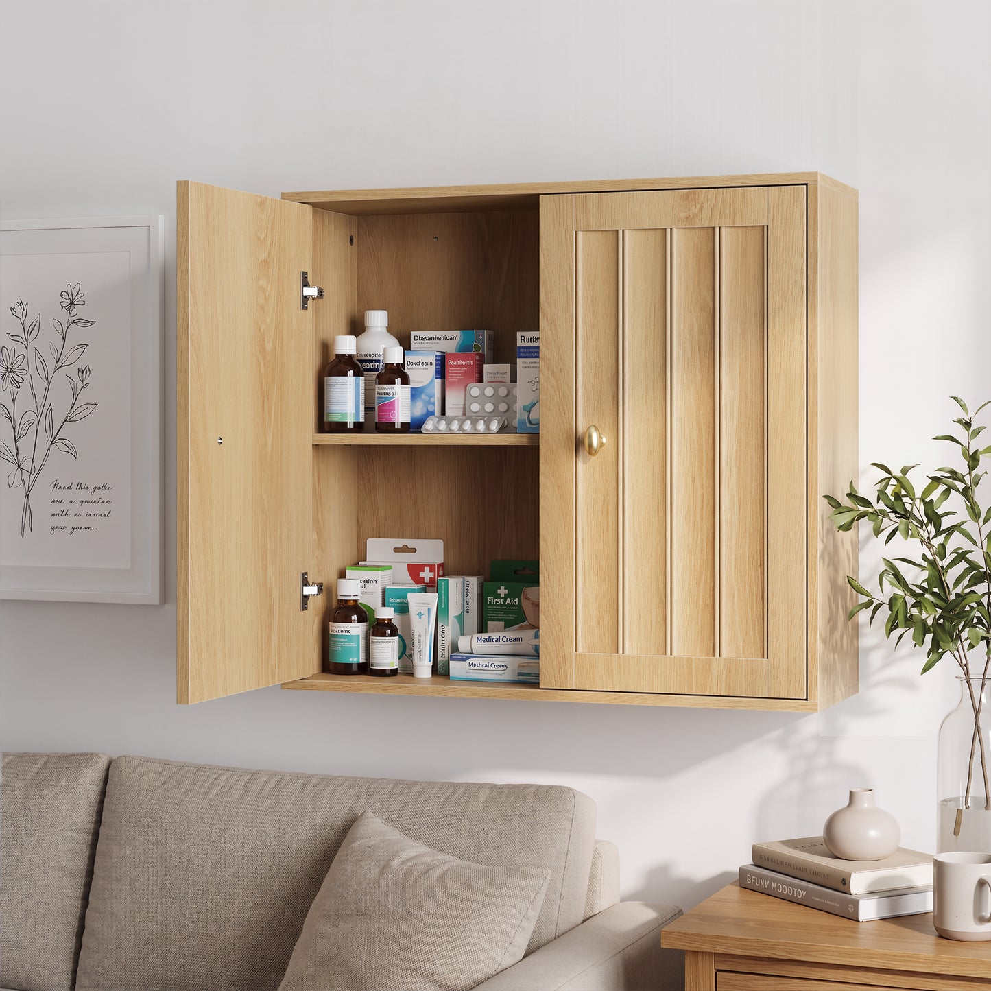 Wall-Mounted Bathroom Cabinet, Double-Door Medicine Cabinet With Vertical Grooved Design,Wall-Mounted Storage Cabinet For Bathrooms, Restrooms, And Hallways Oak