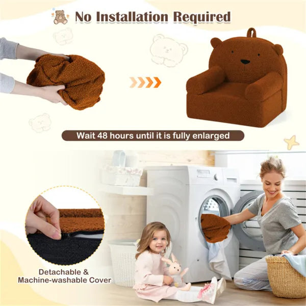 Bear-Shaped Kids Sofa, Teddy Fleece Foam Chair For Toddlers 3+, Portable Bear-Shaped Couch (Brown)