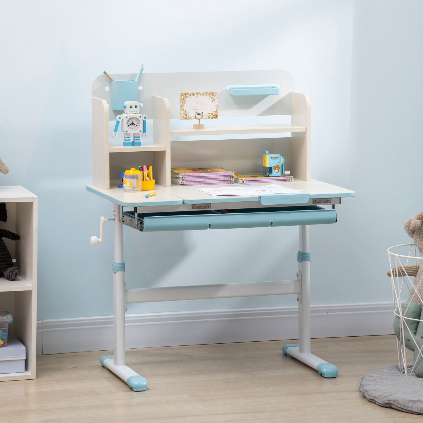 Wooden Kids Study Desk, Height Adjustable Children School Study Table, Student Writing Desk With Tilt Desktop, Drawer, Storage Shelf, Pen Holder, Blue