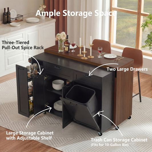 K&K 102.3  Kitchen Island With Extendable Dining Table, Kitchen Rolling Island Cart With Trash Storage Cabinet, 3 Tier Pull Out Spice Rack, Mobile Island Table On Wheels For Kitchen, Dining Room,Black