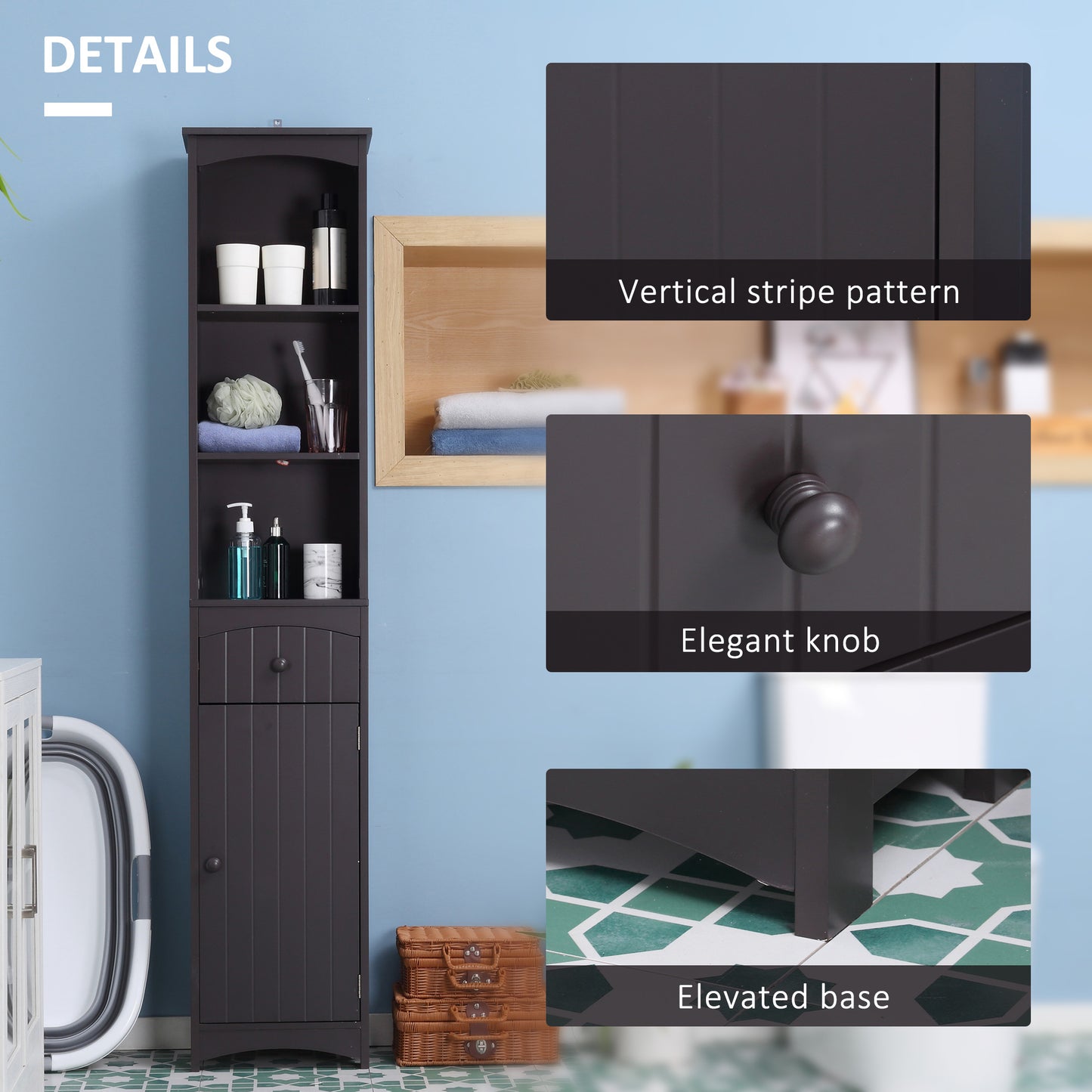 Bathroom Storage Cabinet, Free Standing Bathroom Storage Unit, Tall Linen Tower With 3-Tier Shelves And Drawer, Brown