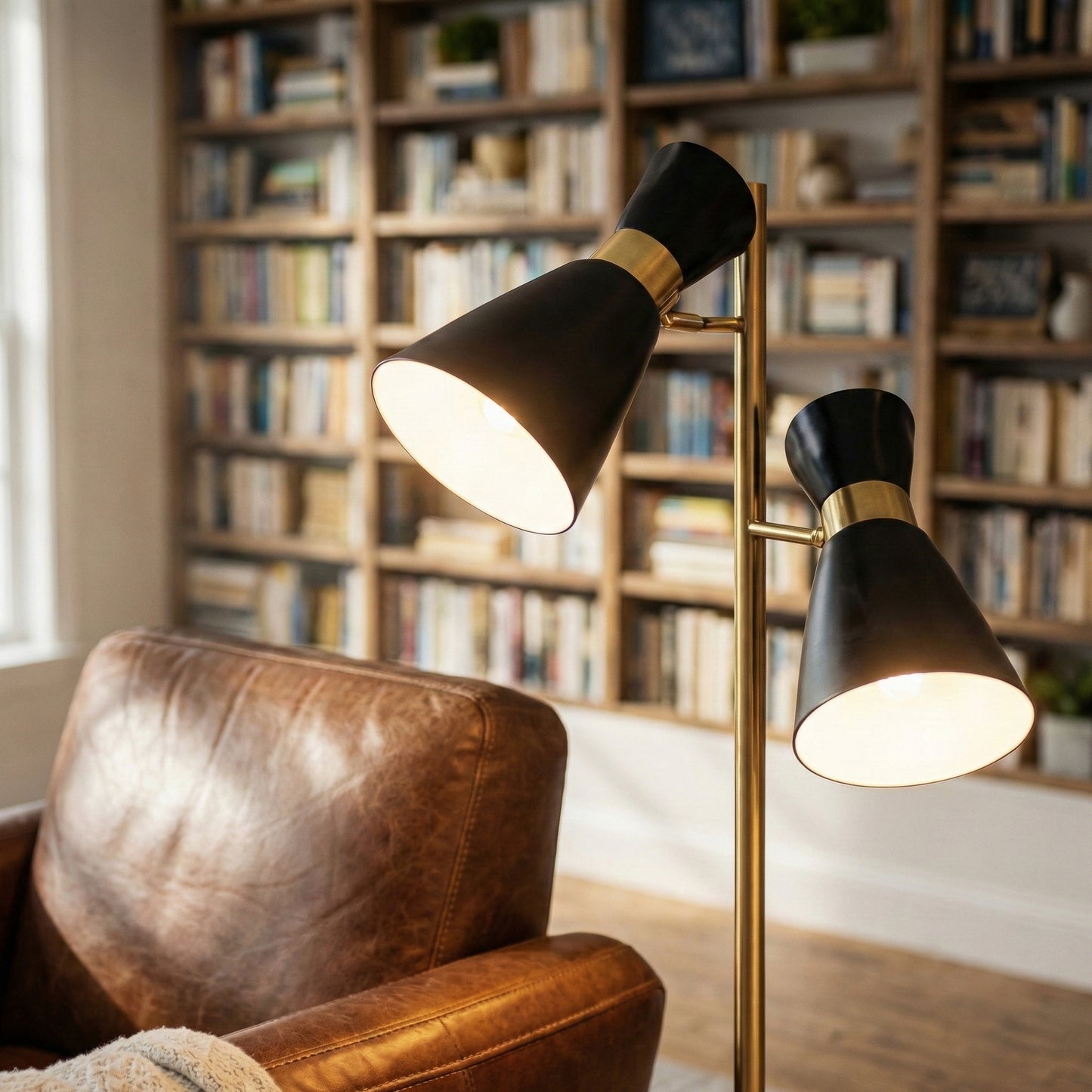 Axis Brassed Gold Floor Lamp With 4-Way  Double Spots With Metal Base
