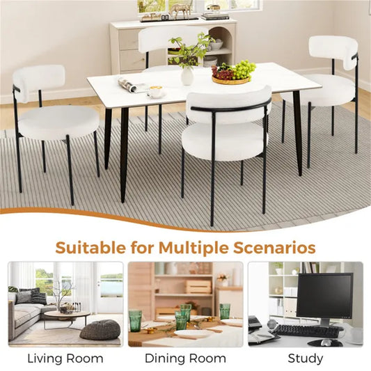 2 PCS White Sherpa Upholstered Dining Chair, Ergonomic Curved Backrest & Wide Round Seat