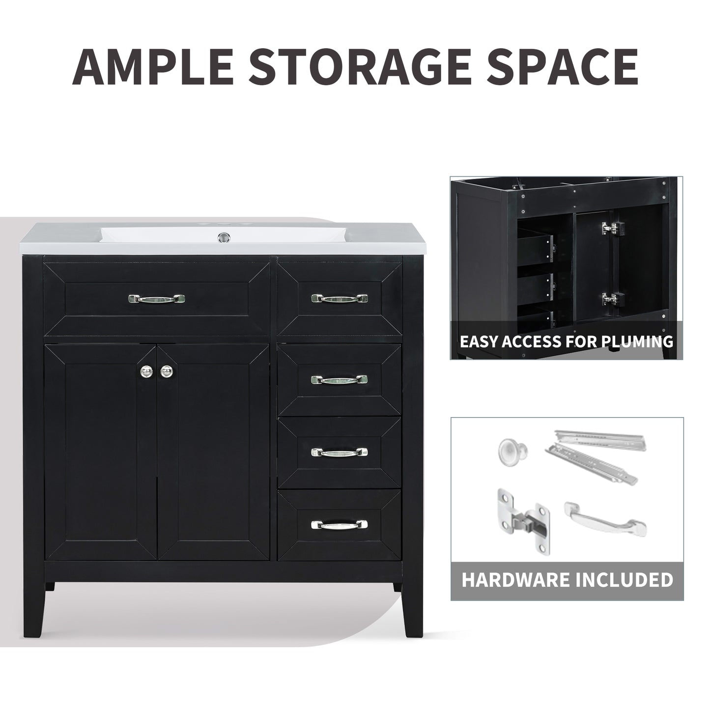 36 Bathroom Vanity Without Sink, Cabinet Base Only, Bathroom Cabinet With Drawers, Solid Frame And MDF Board, Black