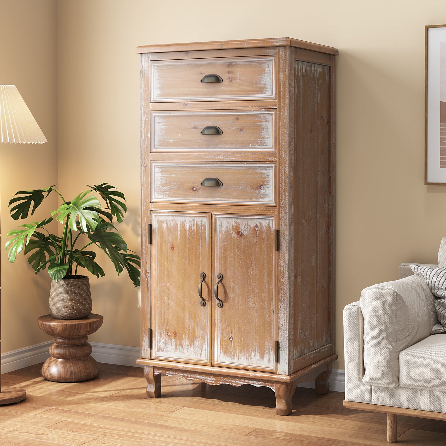 Rustic Wooden Storage Cabinet With Decorative Cutout Door & 3 Drawers, Tall Narrow Organizer For Living Room, Bedroom Natural Wood