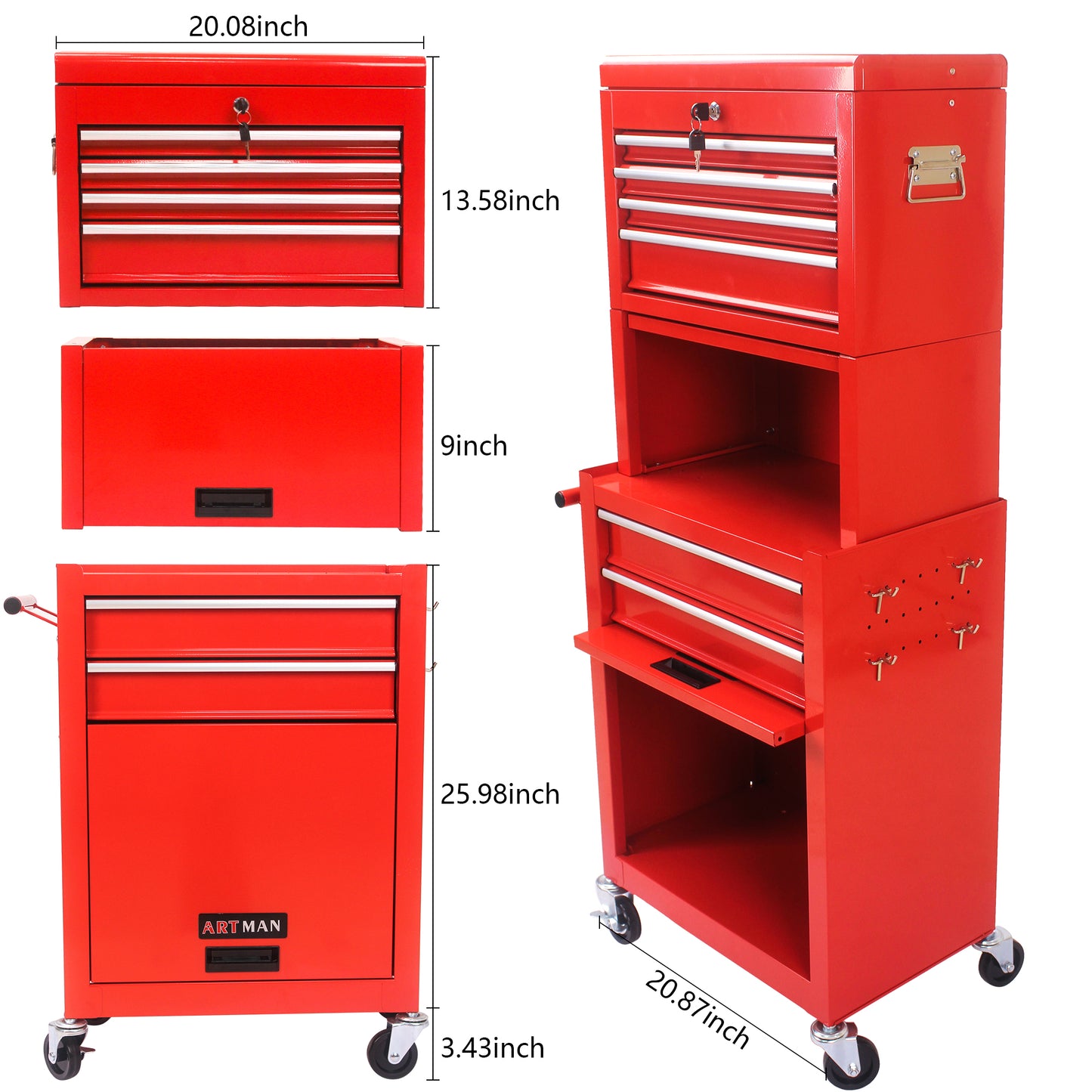 Tool Cabinet On Wheels, 6-Drawer Lockable Rolling Tool Chest W 4 Universal Wheels, 2 In 1 Detachable Tool Box Storage Organizer For Garage Workshop Repair Shop,RED