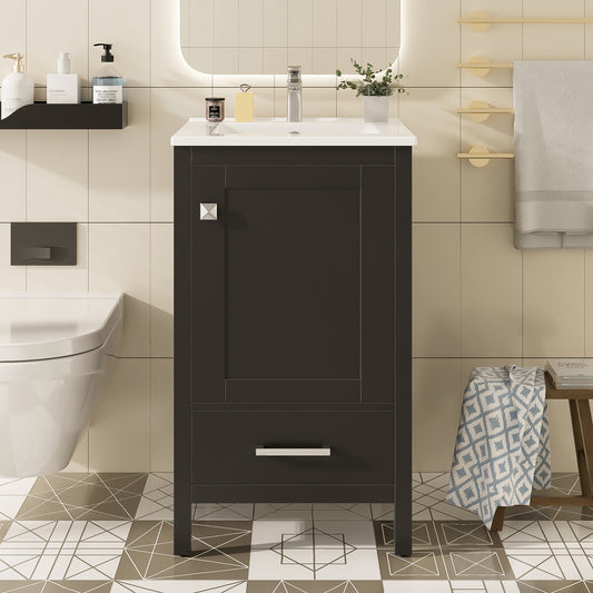 20-Inch Modern Bathroom Vanity With Ceramic Sink, Soft-Close Drawer & Door, Double-Layer Door Organizer, Divider Drawer, Adjustable Foot Pads -Space-Saving Storage Design