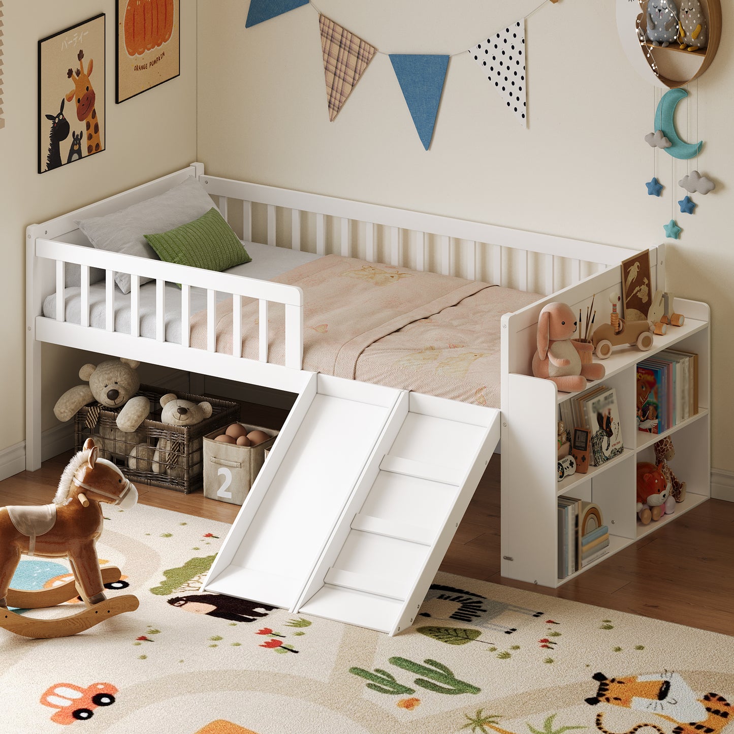 Twin Bed Frame With Storage Shelf, Wooden Bed Frame With Slide And Ladder,Platform Twin Size Bed With Guardrail, No Box Spring Needed, Easy Assembly, White