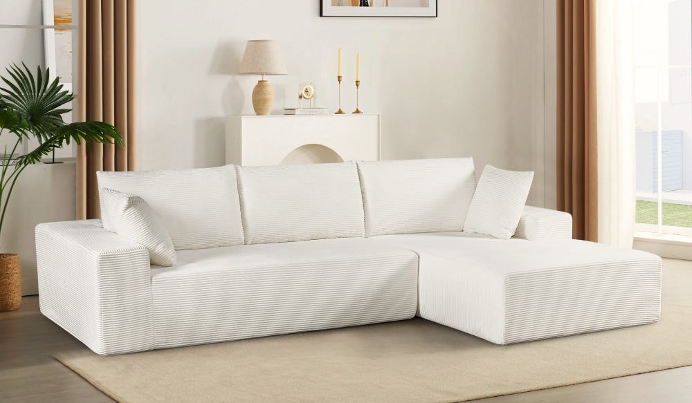 CozyForm Convertible Sectional Sofa In Soft Corduroy, Modern Comfy Couch With Full Foam Cushioning, Cozy Sleeper Sectional For Living Room, Bedroom, No Assembly Required, Ivory - Right Facing