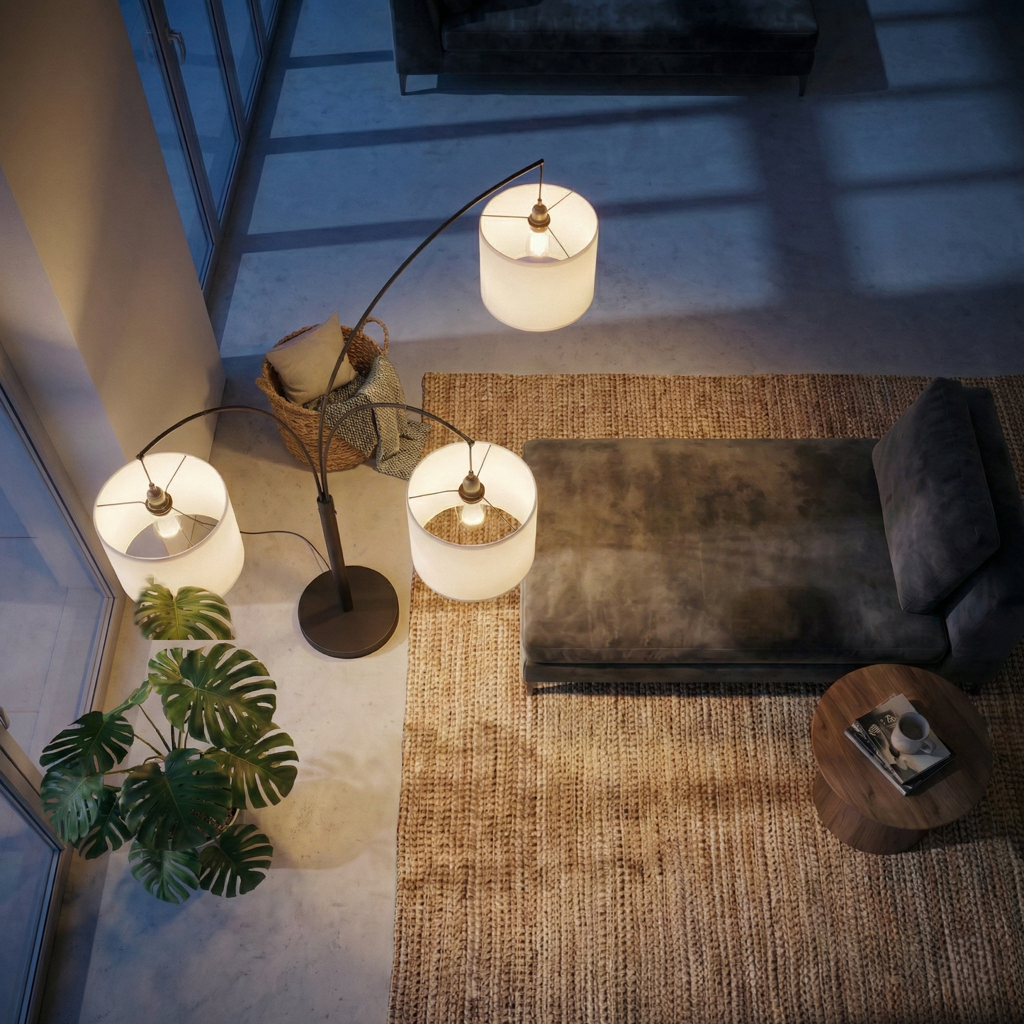 Royal 3-Arm Metal  Floor Lamp, Oil Rubbed Bonze With Linen Shade, 4 Way Rotary
