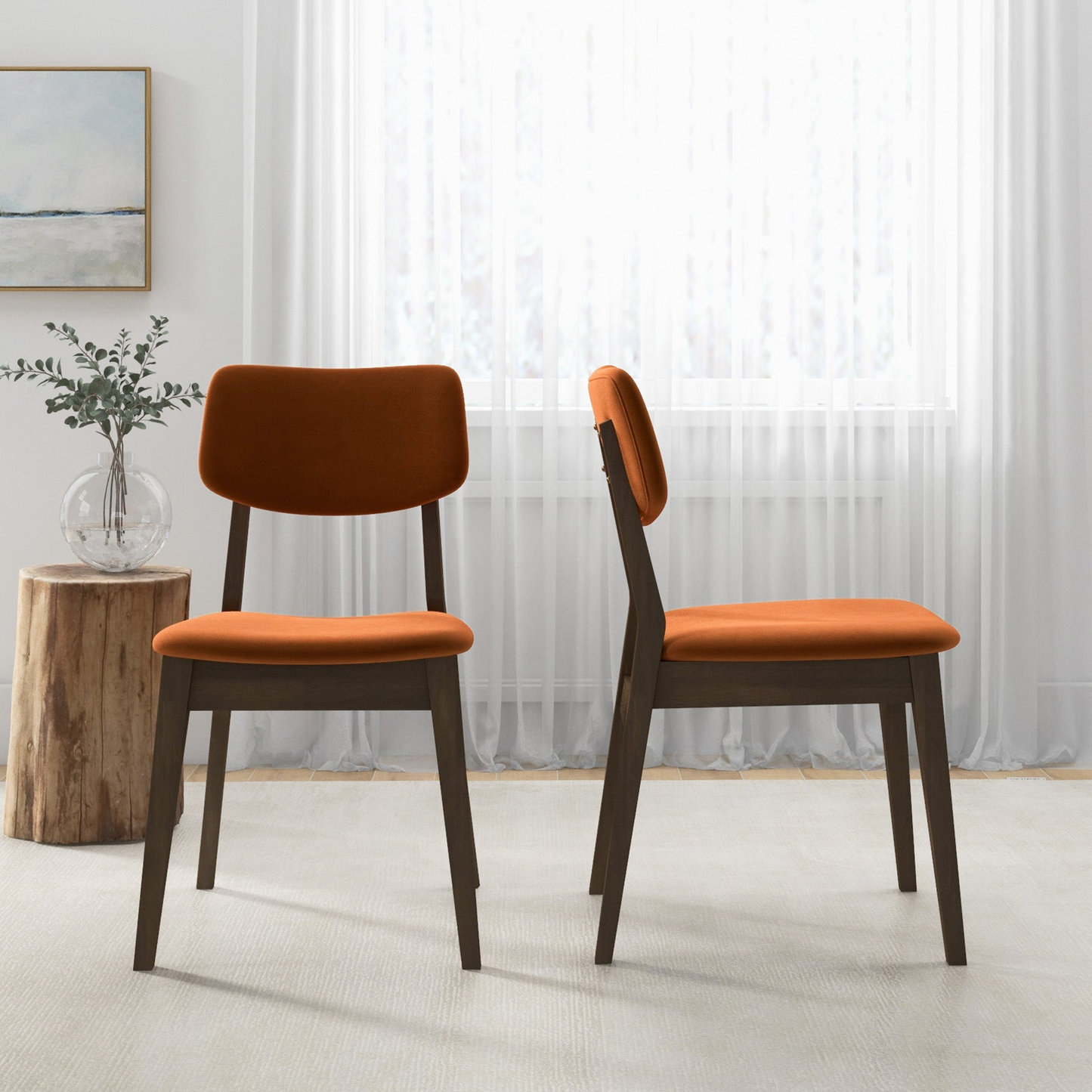 Carlos Mid-Century Modern Burnt Orange Velvet Solid Back Side Chair   Set Of 2  , Solid Wood, 32.3  H X 20.9  W X 19.3  D Fabric Upholstered Kitchen Side Chairs