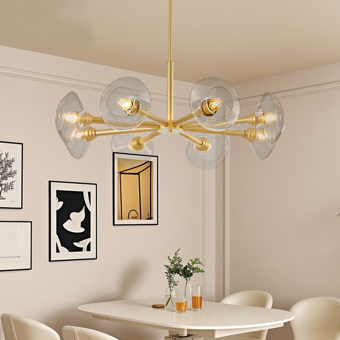 36 Modern Gold 8-Light Sputnik Chandelier With Clear Glass Shades, Mid-Century Hanging Pendant Light Fixture For Dining Room, Living Room, Or Kitchen Bulb Not Included