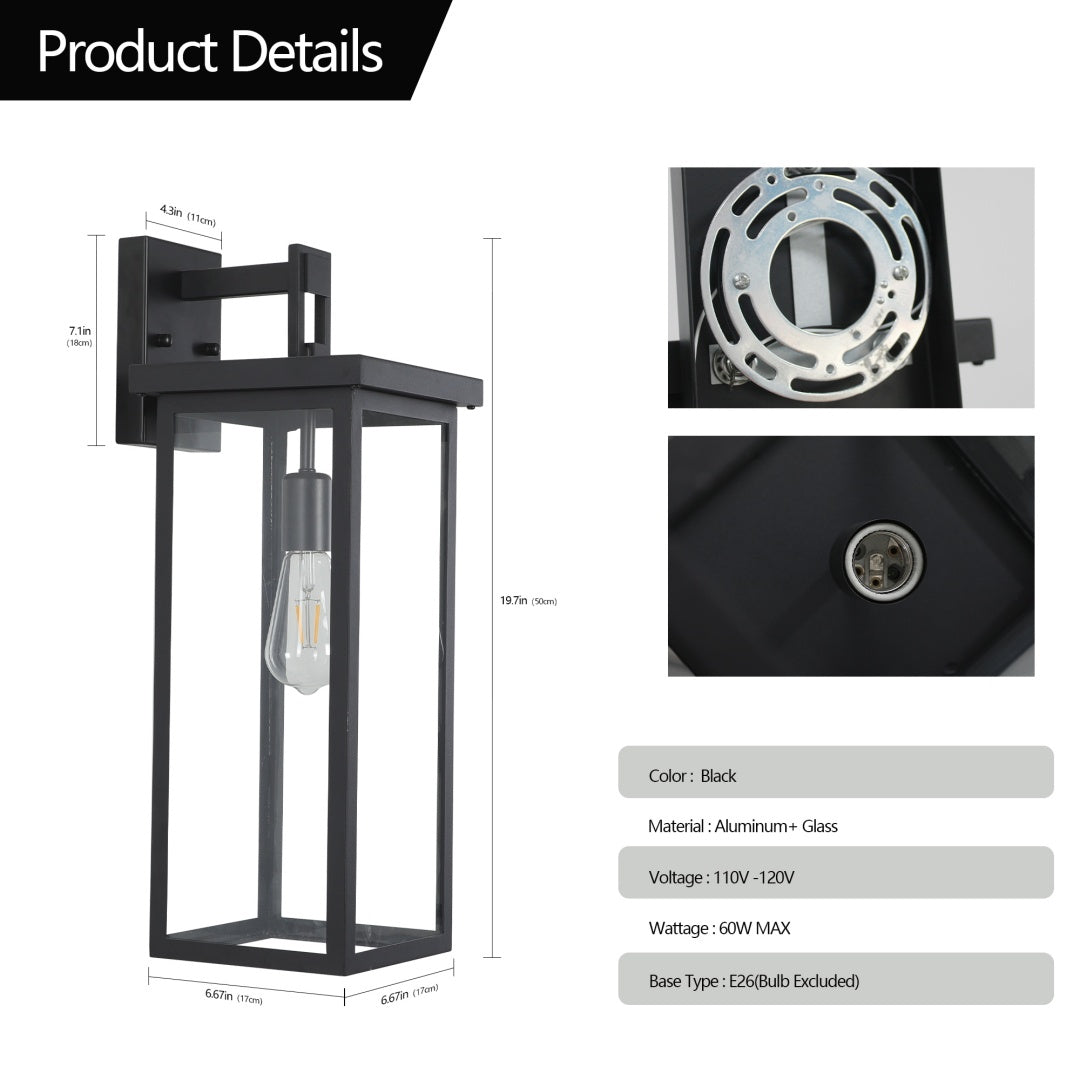20  H Set Of 2 Modern Outdoor Wall Lanterns With Black Metal Frame And Clear Glass, Weatherproof Wall Sconces For Porch, Garage, Or Entryway Lighting, E26 Bulb Compatible  No Bulbs