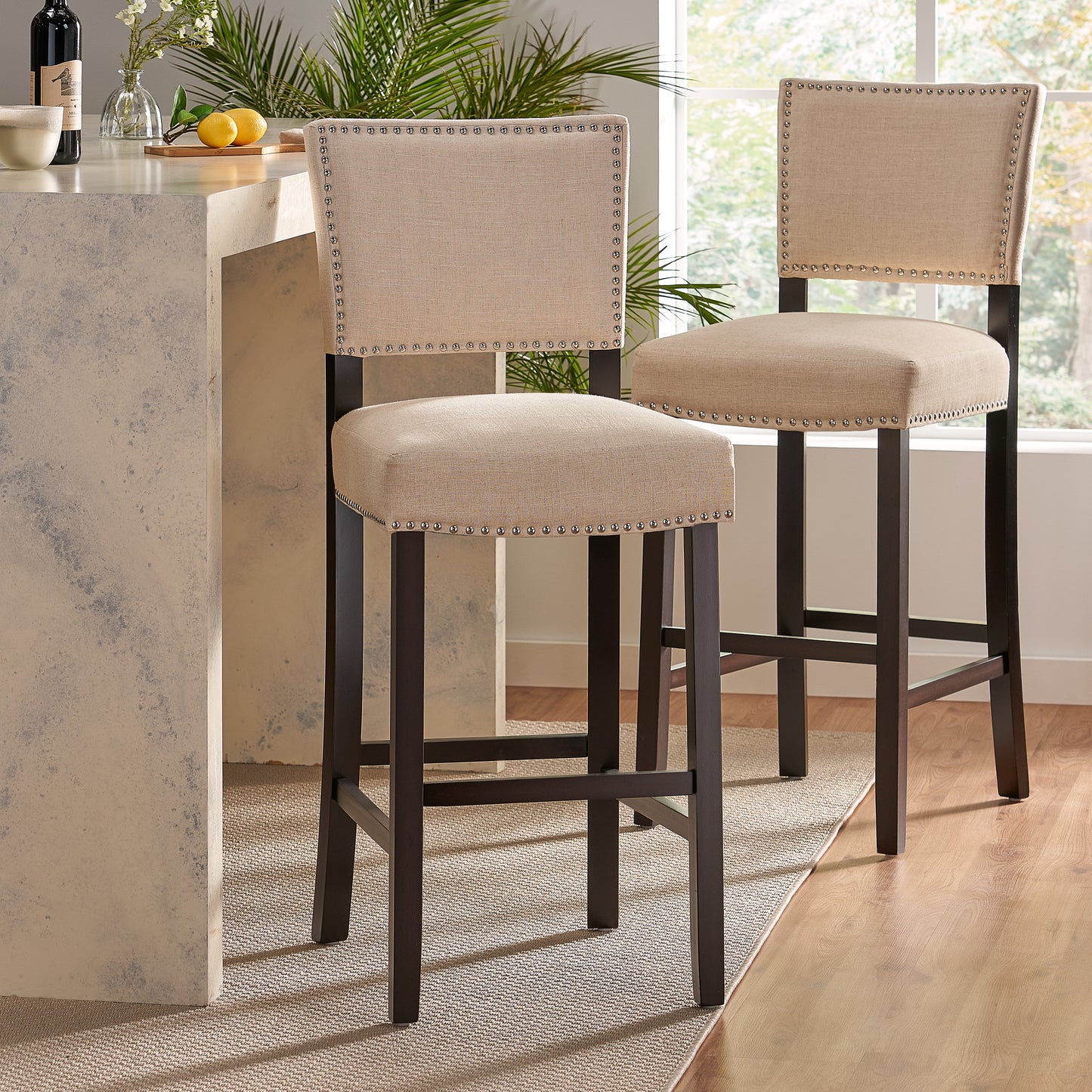 Barstools With Rivet Decoration Set Of 2 , Wood Frame,fabric Sponge Cushion And Upholstered Barstools, Bar Chairs For Kitchen Island,Bedroom,Dining Room.