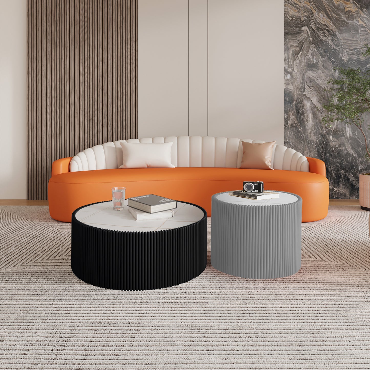 Light Sintered Stone Top Cylinder Shape Leather Coffee Modern Sofa Table For Living Room Furniture  Each Tabletop Has A Unique Gold Pattern