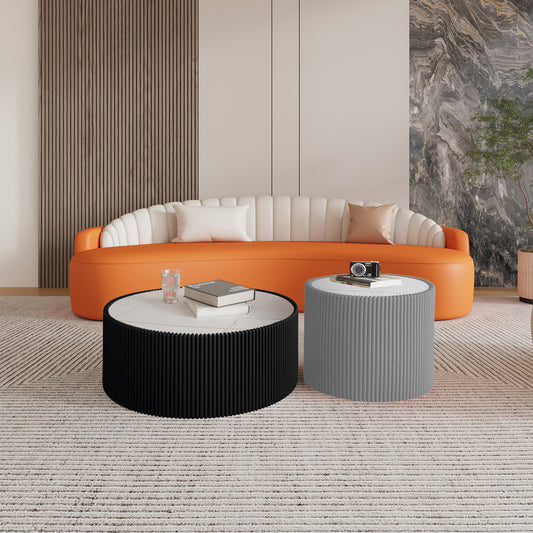 Light Sintered Stone Top Cylinder Shape Leather Coffee Modern Sofa Table For Living Room Furniture  Each Tabletop Has A Unique Gold Pattern