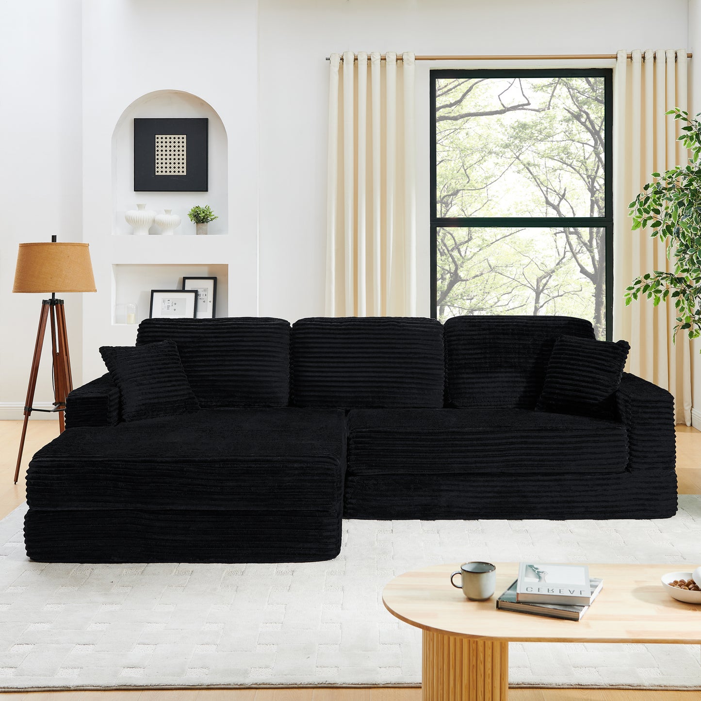Left Sofa Seat,L Shape Modular Sectional Sofa, Compressed Sectional Sofa Modern Minimalist Style Corduroy Couch,Unfold Into A Bed, Bedroom, Comfy Compressed Sofa Couch Space-Efficient Design-black