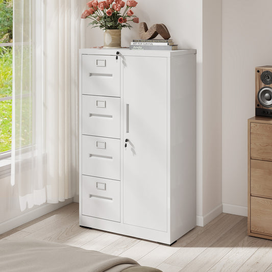 Metal Storage Vertical Filing Cabinet With Lock,  Steel File Locker With 4 Drawers And 1 Door For School, Living Room, Bedroom, Office  White