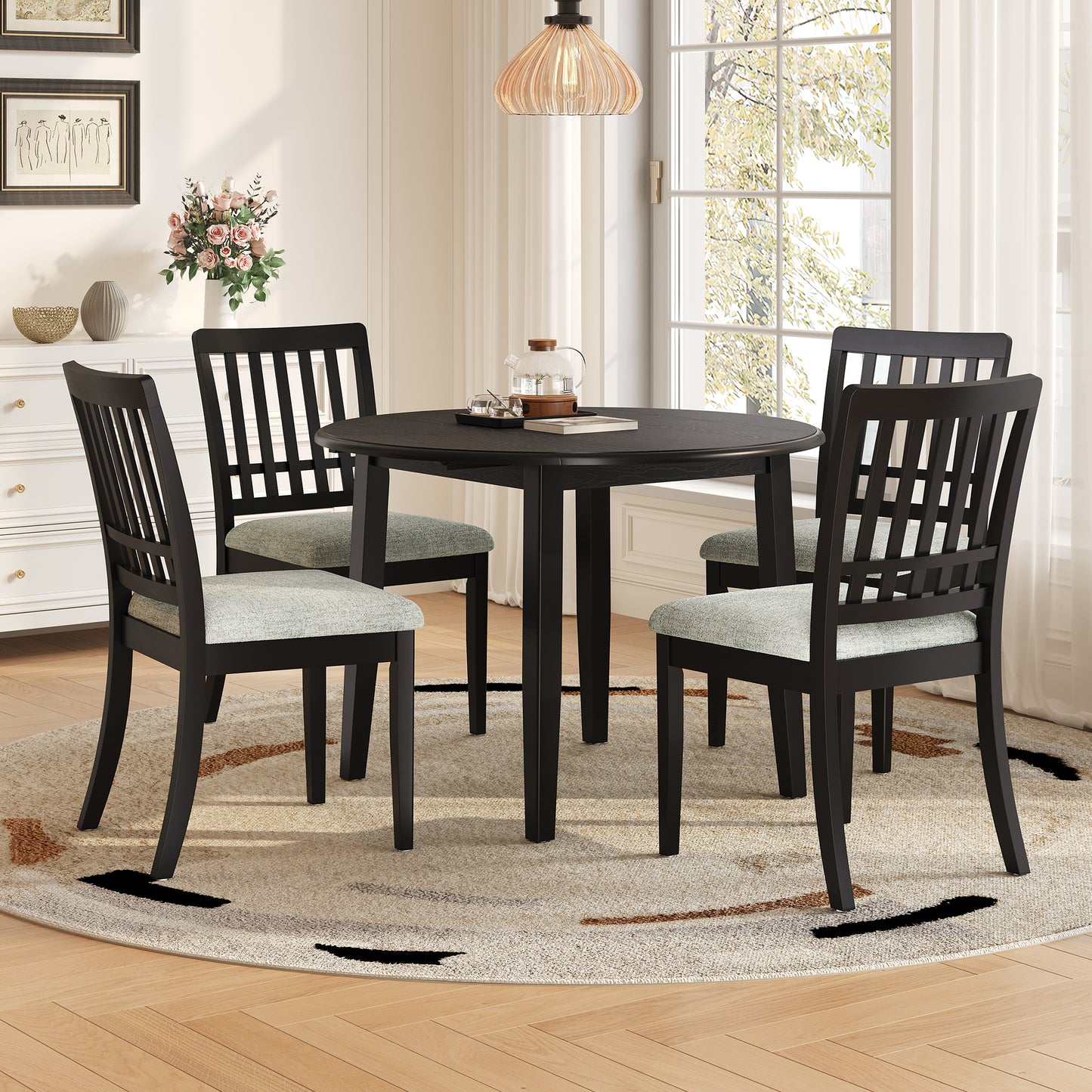 5-Piece Round Dining Table Set For 4 People, 1 Folding Wood Dining Table   4 Upholstered Chairs, Space-Saving Design For Small Apartments And Dining Areas - BLACK