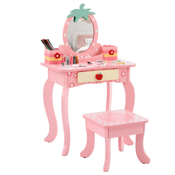 Pink MDF Spray-painted - Apple-printed 1-drawer 2-desktop Storage Box Children's Dressing Table Set
