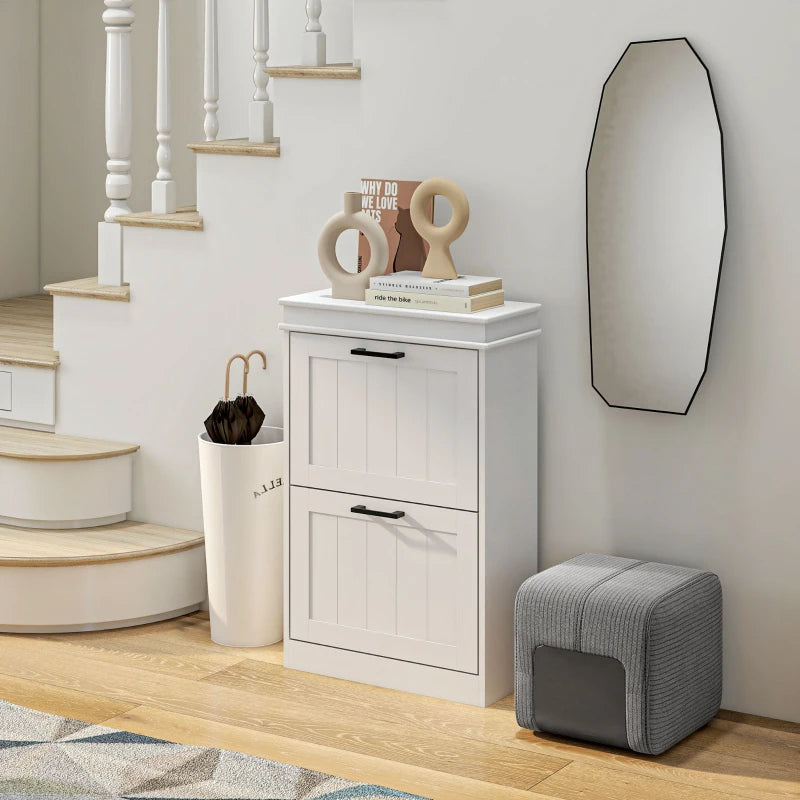 Modern Shoe Storage Cabinet With 2 Flip Drawers For 10 Pairs, Narrow Shoe Organizer For Entryway, Hallway, White