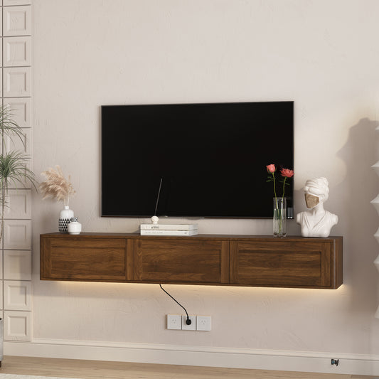 Floating TV Stand, Wall Mounted TV Shelf With Led Lights & Power Outlet,High Gloss TV Cabinet For Wood Tv Stands For Living Room