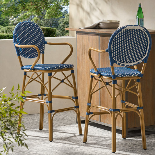 Outdoor Wicker And Aluminum 29.5 French Barstools, Set Of 2, Navy Blue, Bamboo Print Finish