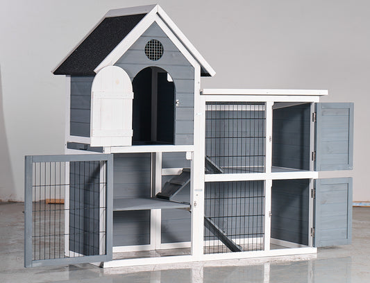 Large Outdoor Chicken Coop Cage, Weatherproof 2-Story Chicken Coop & Rabbit Hutch, Wooden Indoor Outdoor Pet House With No-Leak Tray, Waterproof Roof  Pull-Out Tray 50.98L X 48.23 H, Grey, Blue