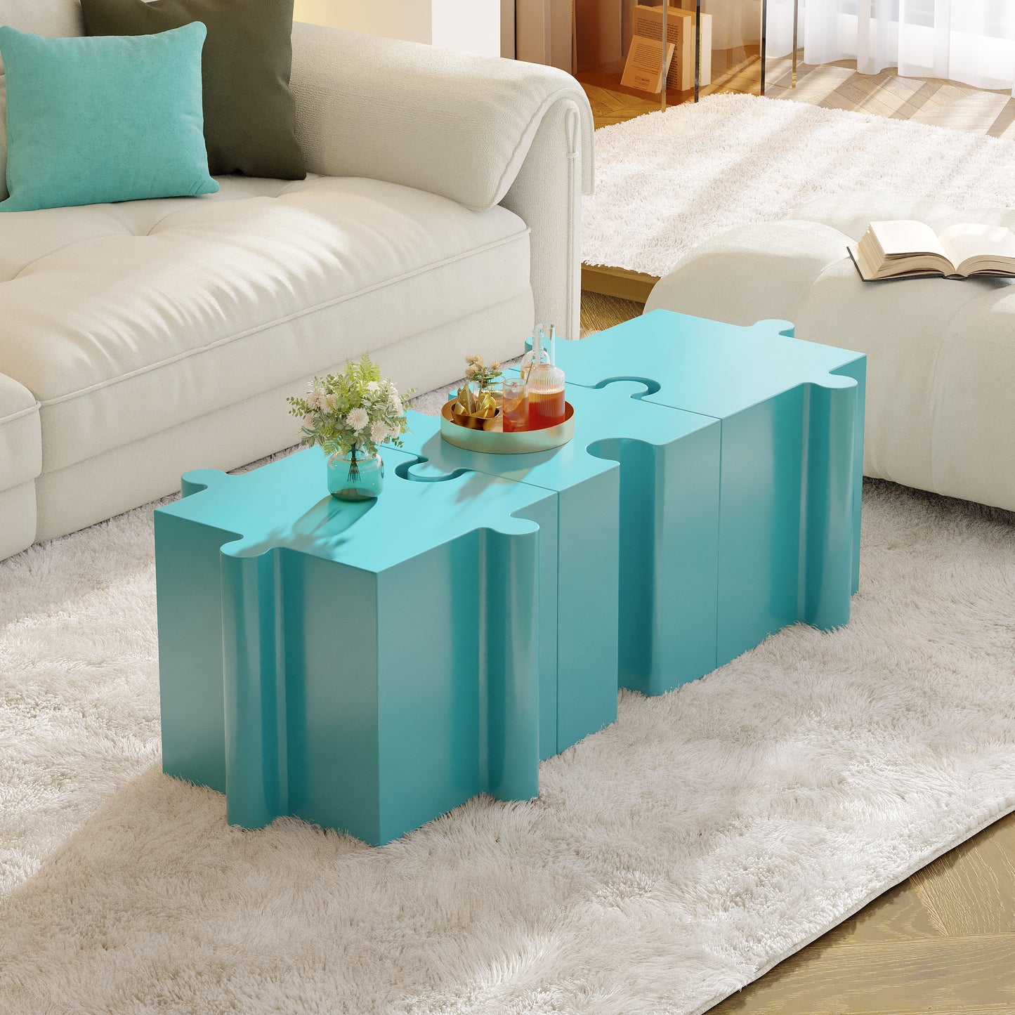 3-Piece Artistic Puzzle Table Set,Modular MGO Side Tables With Interlocking Design  2 Convex & 1 Concave , 200lb Capacity For Indoor & Outdoor,Light Blue Color