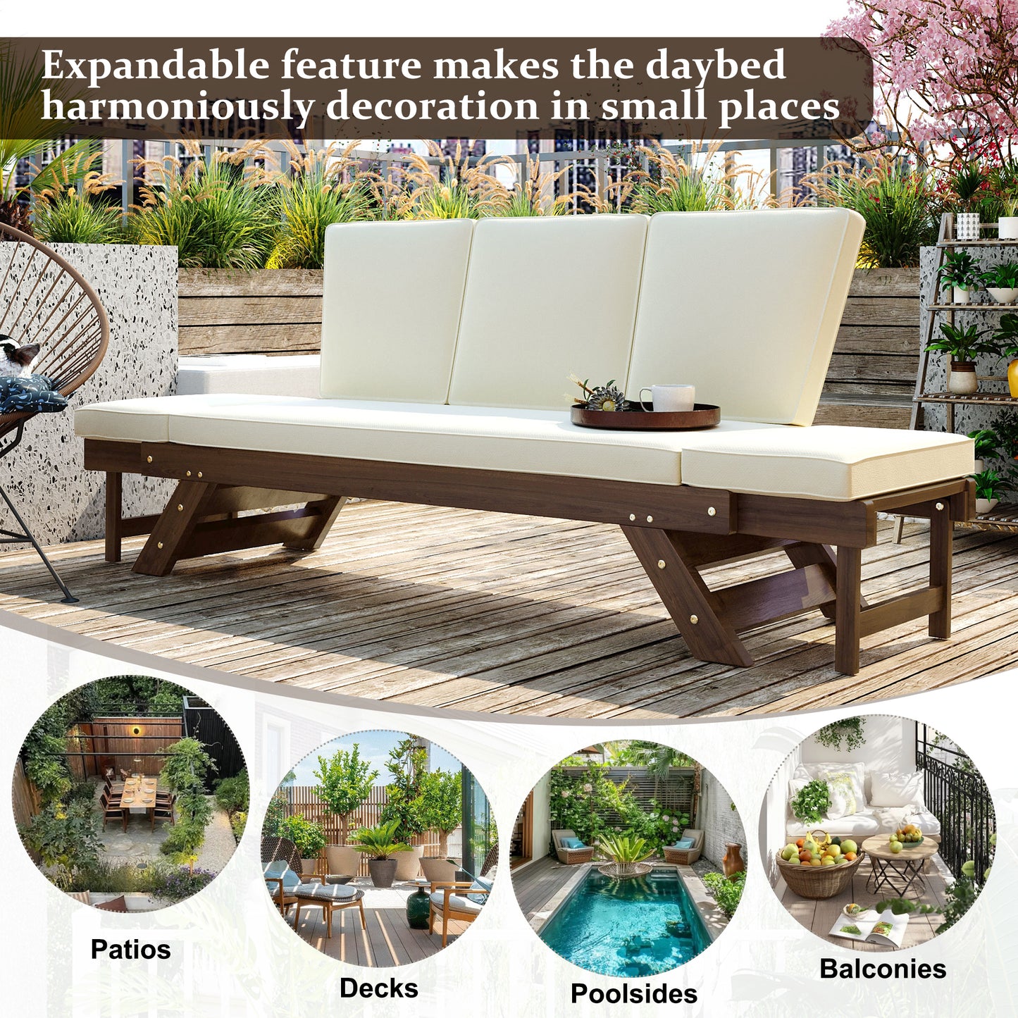 TOPMAx Outdoor Adjustable Patio Wooden Daybed Sofa Chaise Lounge With Cushions For Small Places  Brown Finish Beige Cushion