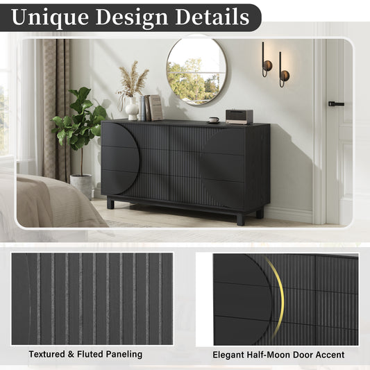 Modern 6 Drawer Fluted Dresser, 60   Wide Modern Chest Of Drawers, TV Stand With Solid Wood Legs, Clothes Organizer With 6 Deep Drawers, Storage Cabinet For Bedroom, Living Room, Entryway,Carbon Black