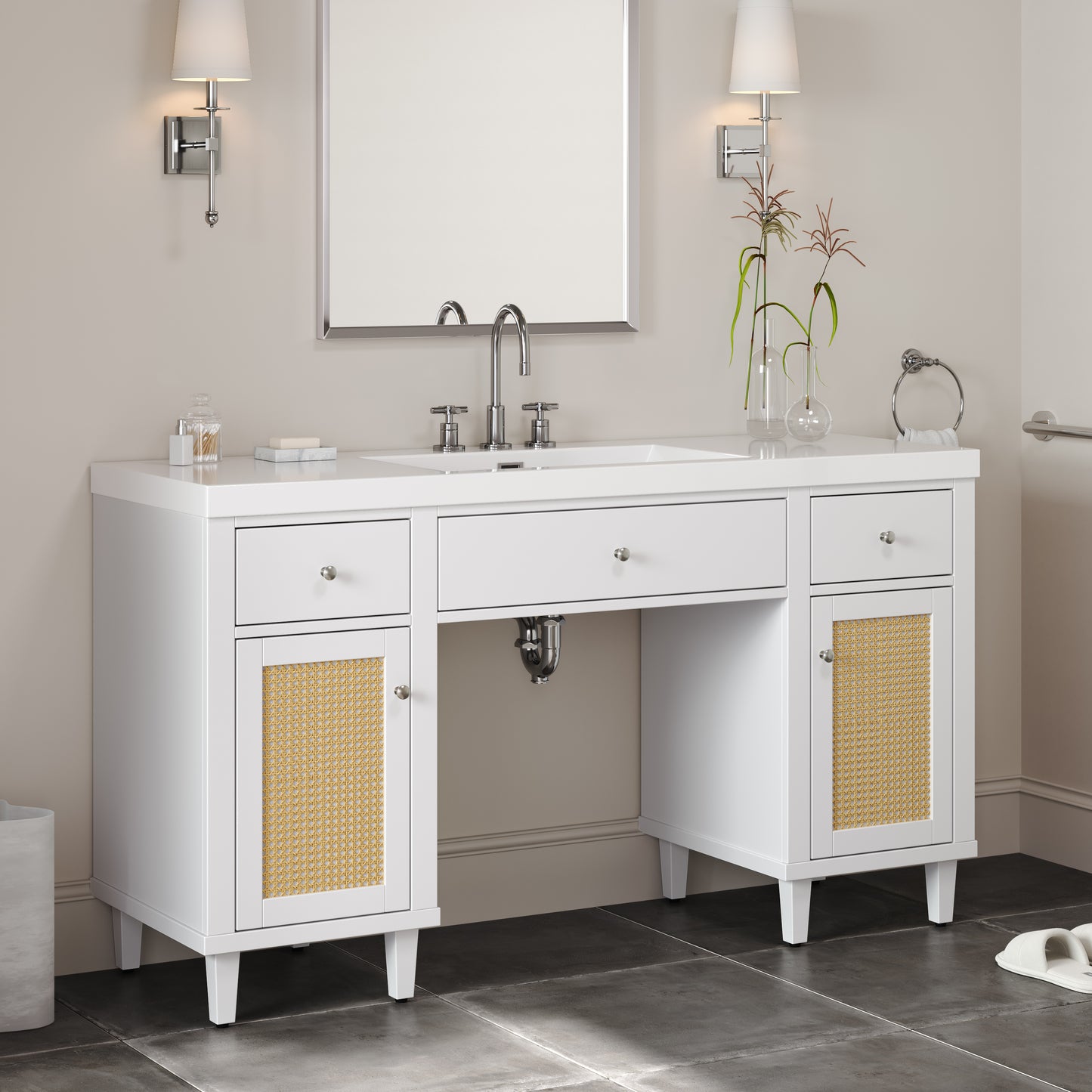 60 Inch Bathroom Vanity With SMC Sink, Modern Spacious Bathroom Storage Cabinet With Soft Close Drawers And Tip-Out Tray, Solid Wood Legs And Silver Metal Knobs,Wheelchair-friendly Style, White