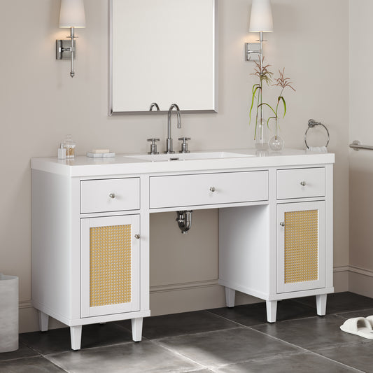 60 Inch Bathroom Vanity With SMC Sink, Modern Spacious Bathroom Storage Cabinet With Soft Close Drawers And Tip-Out Tray, Solid Wood Legs And Silver Metal Knobs,Wheelchair-friendly Style, White