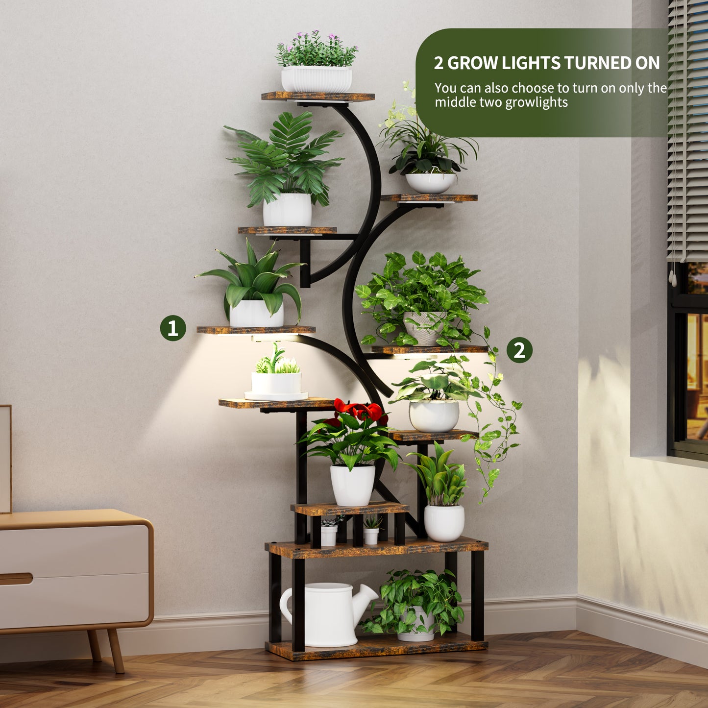 68.5  Tall 10-Tier Plant Stand With 5 Grow Lights, S-Shaped Corner Plant Rack For Indoor Plants, Perfect For Living Room, Garden & Patio
