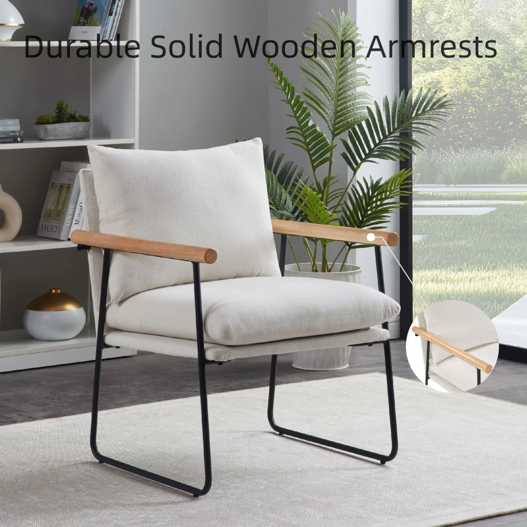 Modern Accent Chair, Comfy Chair With  Removable Cushion, Vanity Chair With Wood Armrests For Living  Room, Bedroom, White