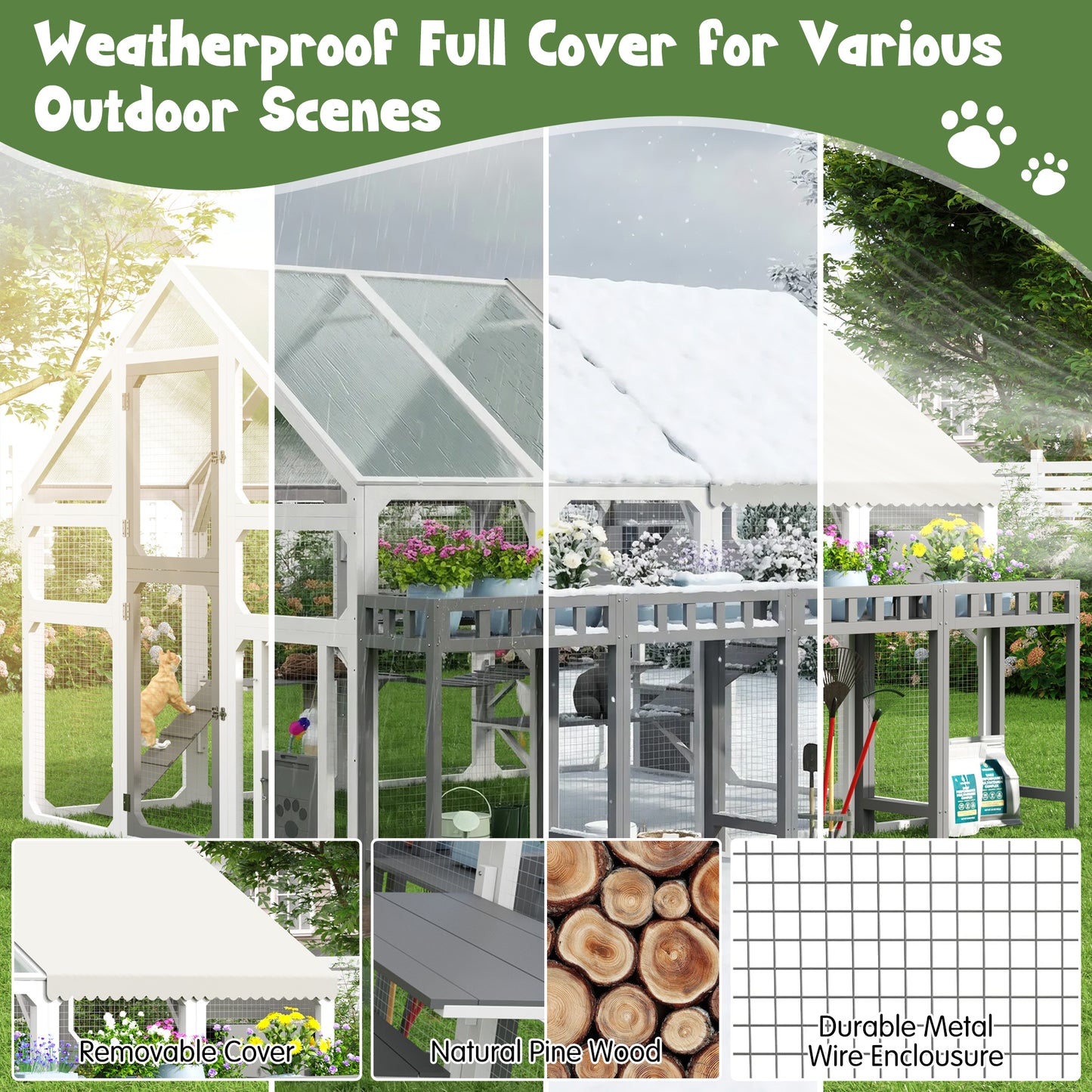 Large Outdoor Cat House With Planter Stand, Wooden Cat Enclosure With Resting Boxes For Multiple Kittens, Hanging Bridge, Platforms,Walk-In Catio Cage  With Waterproof Proof Cover, Grey And White