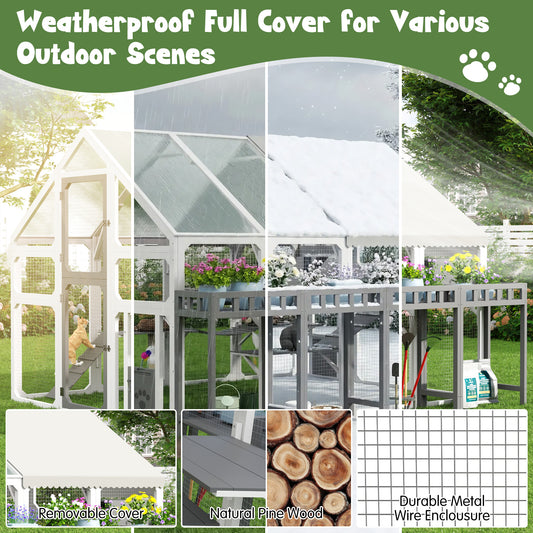 Large Outdoor Cat House With Planter Stand, Wooden Cat Enclosure With Resting Boxes For Multiple Kittens, Hanging Bridge, Platforms,Walk-In Catio Cage  With Waterproof Proof Cover, Grey And White