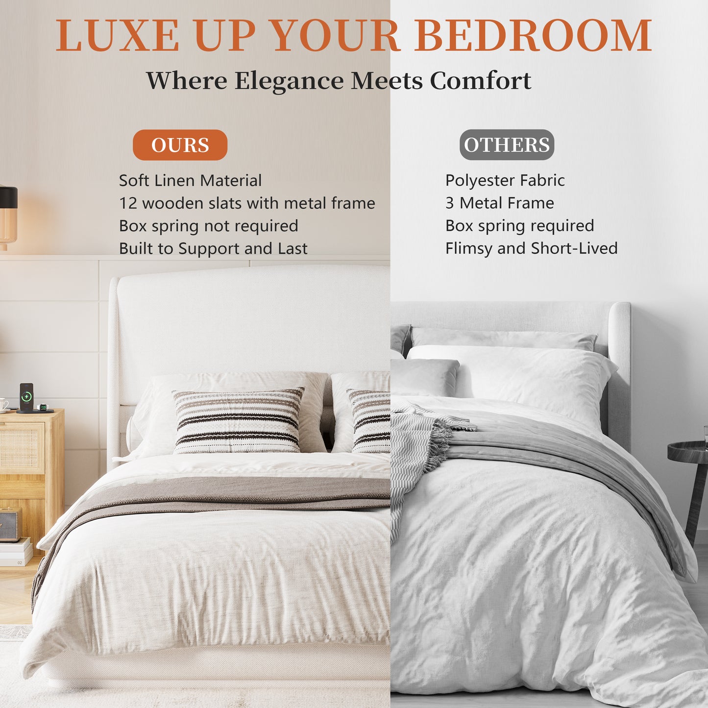 Upholstered Queen Bed Frame With Wingback Headboard, Low Profile Platform Bed With Padded Headboard, No Box Spring Needed, Easy Assembly, Elegant Linen Fabric, Beige
