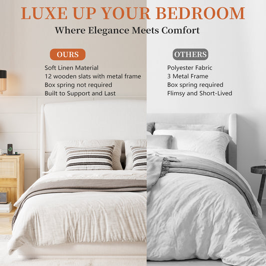 Upholstered Queen Bed Frame With Wingback Headboard, Low Profile Platform Bed With Padded Headboard, No Box Spring Needed, Easy Assembly, Elegant Linen Fabric, Beige