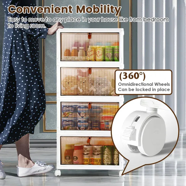 Total 76QT 4-Tier Foldable Storage Bins With Lid Front Magnetic Door Collapsible Stackable Closet Organizer Containers With 4Pcs 360' Rotatable Wheels