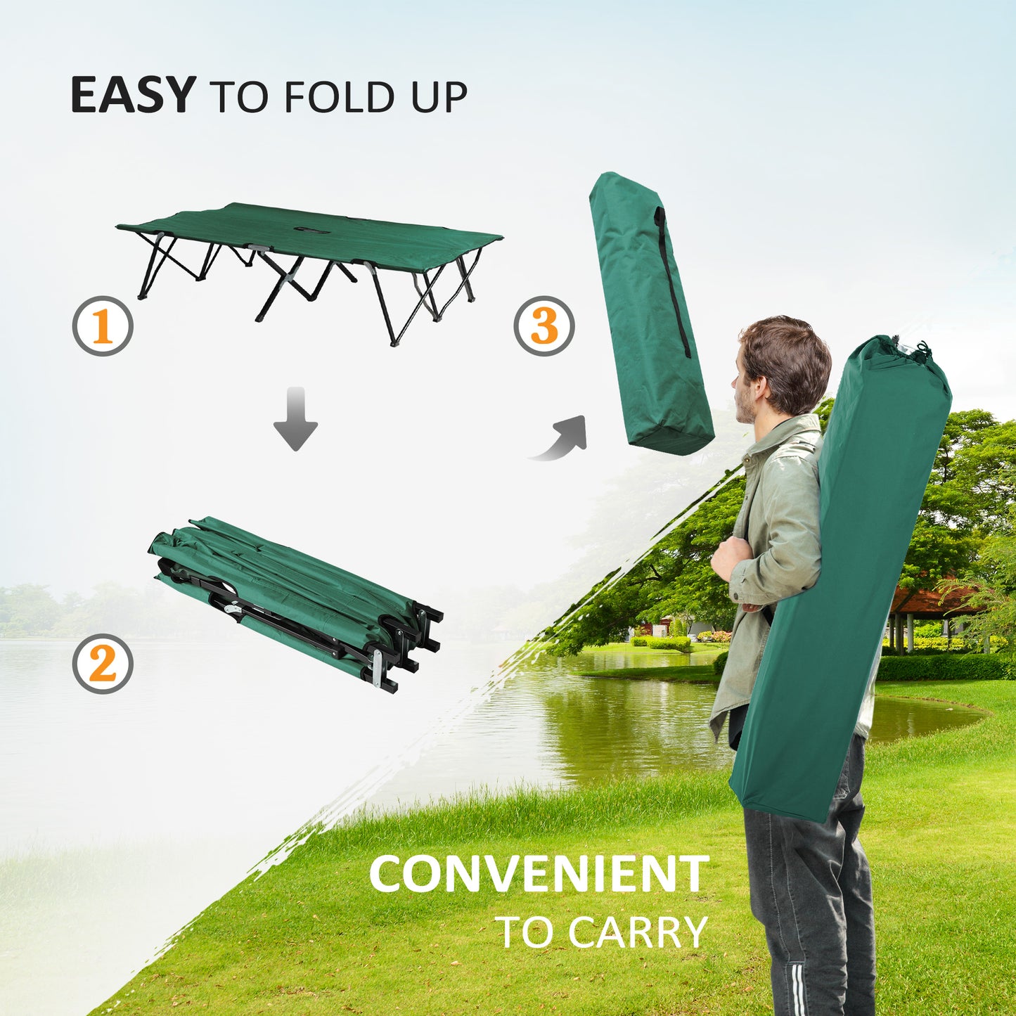 2 Person Folding Camping Cot For Adults, 50" Extra Wide Outdoor Portable Sleeping Cot With Carry Bag, Elevated Camping Bed, Beach Hiking, Green
