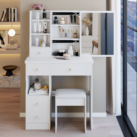 29.2 Small Space Left Drawer Desktop Vanity Table  Cushioned Stool, Extra Large Right Sliding Mirror, Multi Layer High Capacity Storage, Practical Fashionable Dresser, EPA, GCC, UL Certificate