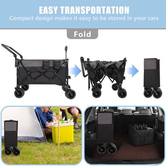 Multi- Functional Push- Pull Folding Wagon Cart With Rotating Handle & 360 All- Terrain Wheels  Heavy- Duty  Adjustable Design  Large Capacity For Transport  Groceries  And Outdoor Use  Black  Gray
